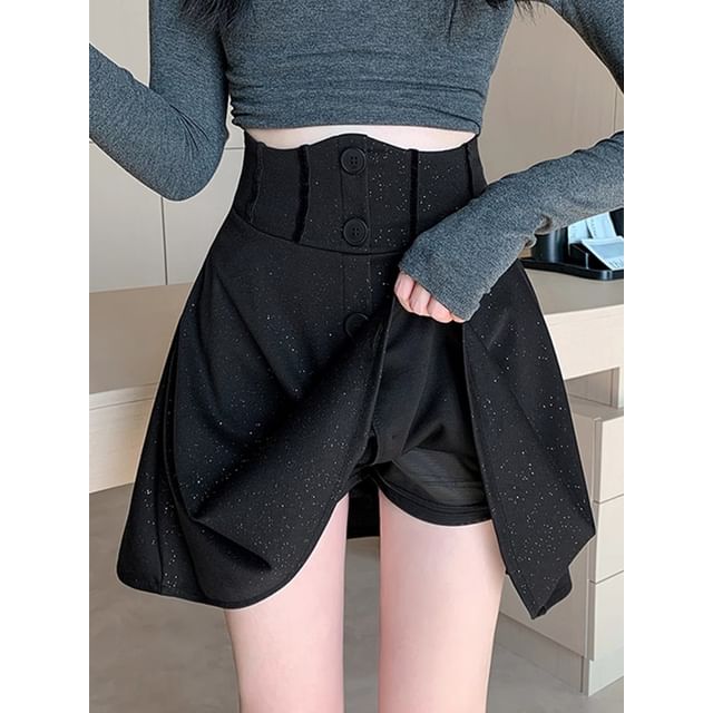 High Rise Glitter Button Mini Flared Skirt