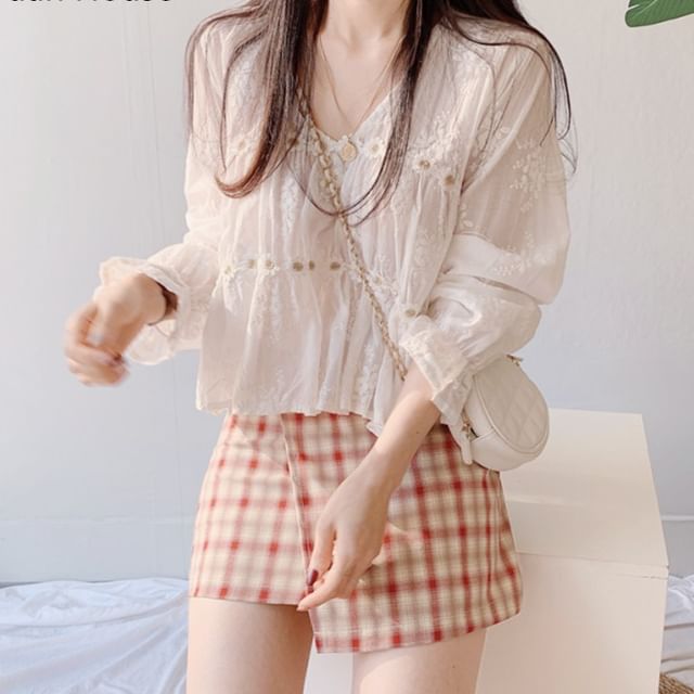 Chiffon V-Neck Blouse and Plaid Flared Mini Skirt Ensemble