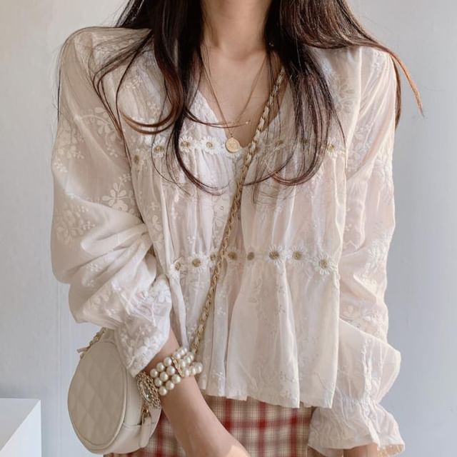 Chiffon V-Neck Blouse and Plaid Flared Mini Skirt Ensemble