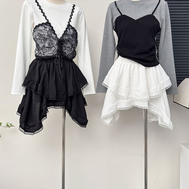 Asymmetrical Lace-Trim Mini Skirt