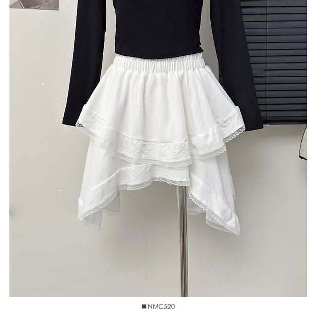 Asymmetrical Lace-Trim Mini Skirt