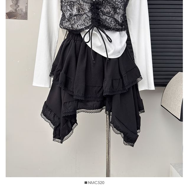 Asymmetrical Lace-Trim Mini Skirt