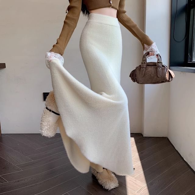 Mermaid Knit Maxi Skirt with High Rise Solid Design