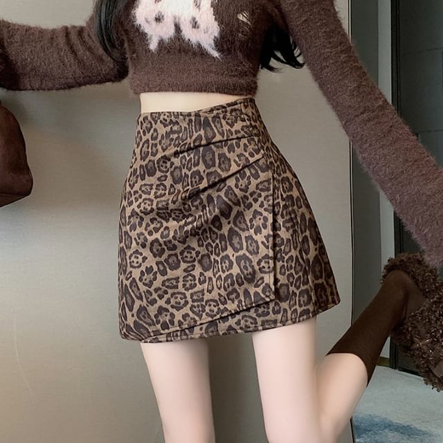 Leopard Print Ruched Asymmetrical Mini Skirt High Waist