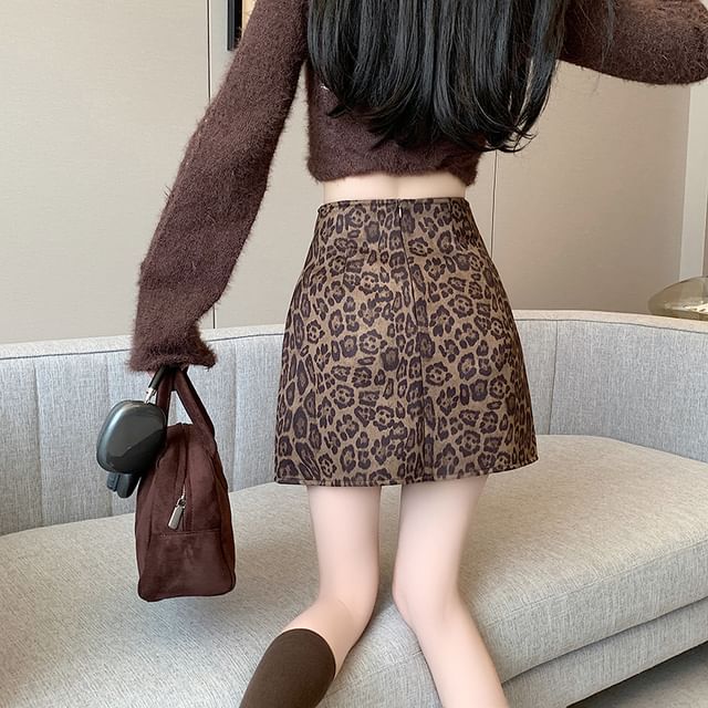 Leopard Print Ruched Asymmetrical Mini Skirt High Waist