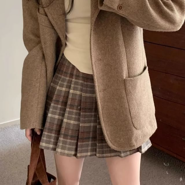 Plaid Pleated Mini Skirt with High Rise Waist