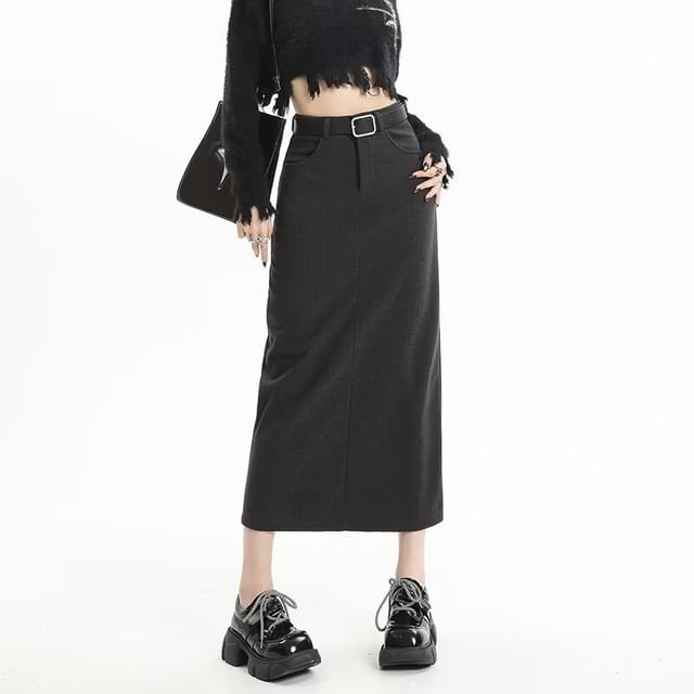 Slit Midi H-Line Skirt with Belt High Rise Set