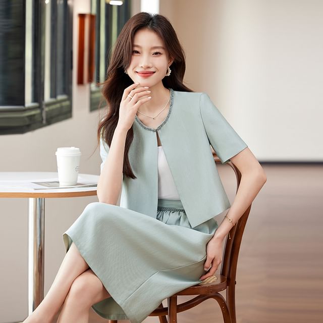 Open Front Blazer and High Rise A-Line Skirt Matching Set