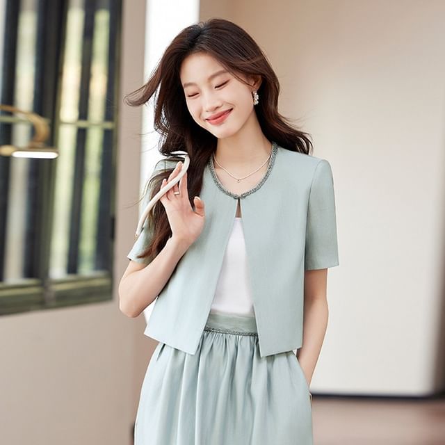 Contrast Trim Blazer and High Rise A-Line Skirt Set