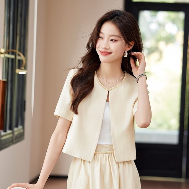 Contrast Trim Blazer and High Rise A-Line Skirt Set