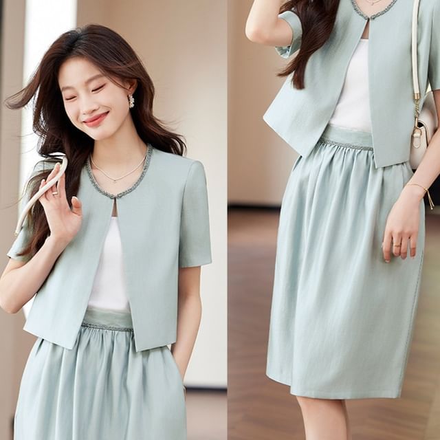 Open Front Blazer and High Rise A-Line Skirt Matching Set