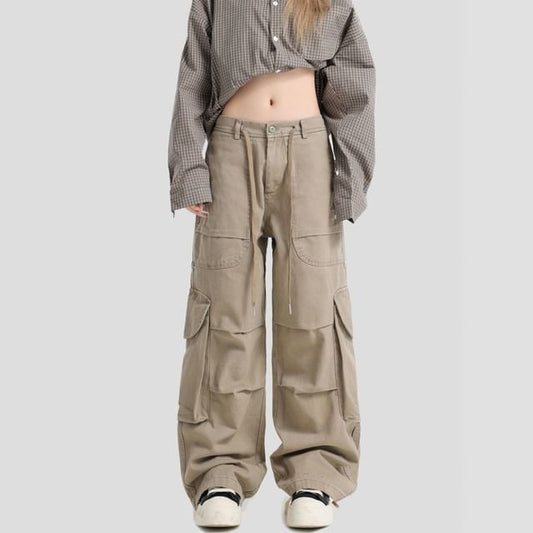 Low Waist Plain Wide Leg Cargo Pants