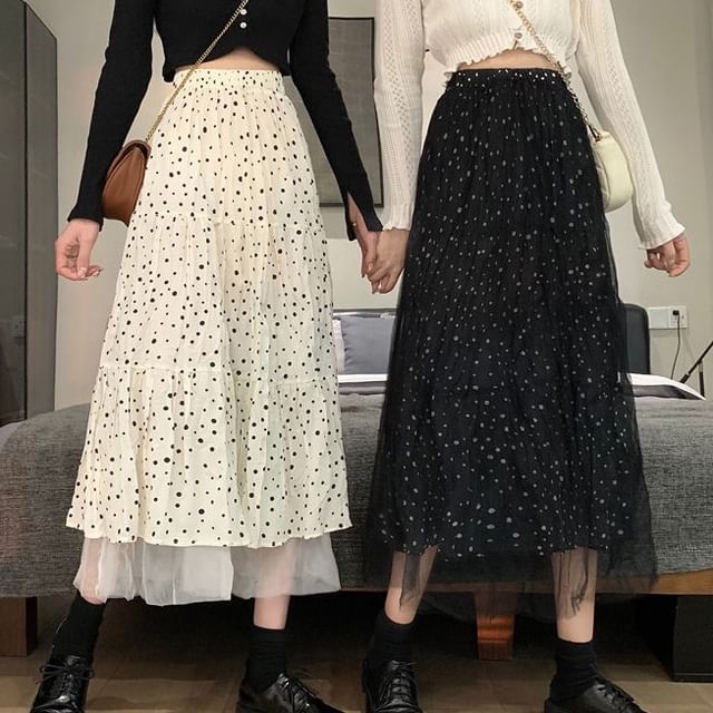 Dotted Midi A-Line Skirt High Rise Solid