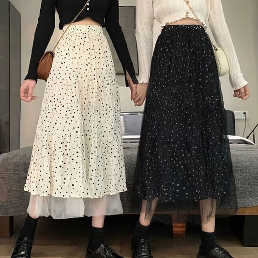Dotted Midi A-Line Skirt High Rise Solid