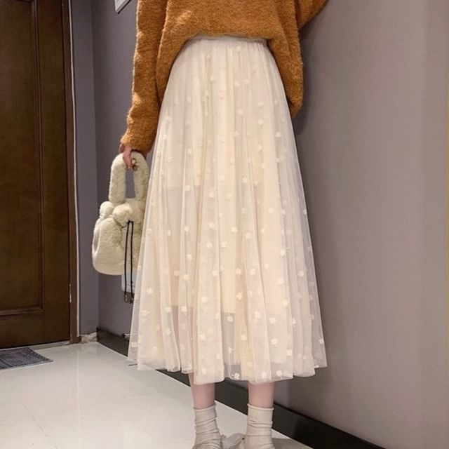 Dotted Mesh Maxi A-Line Skirt with High Rise Fit