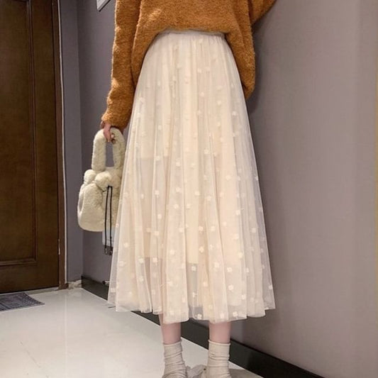 Dotted Mesh Maxi A-Line Skirt with High Rise Fit