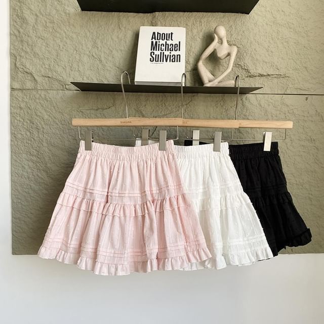 High Waist Ruffled Trim A-Line Skirt in Solid Color