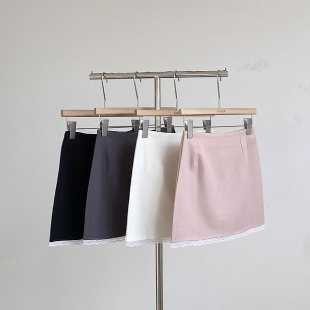 High Waist Lace Trim Mini Flared Skirt