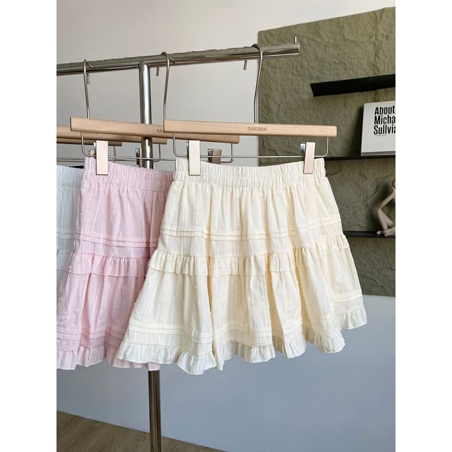 High Waist Ruffled Trim A-Line Skirt in Solid Color