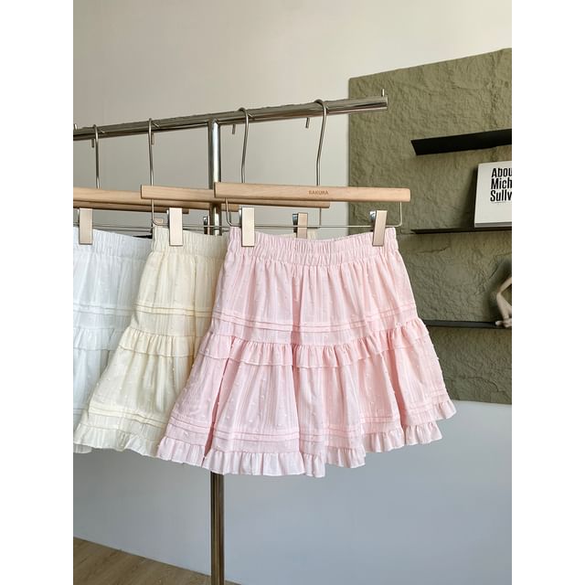 High Waist Ruffled Trim A-Line Skirt in Solid Color