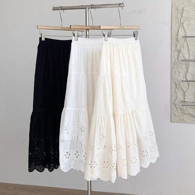 Eyelet Lace A-Line Skirt with High Waist
