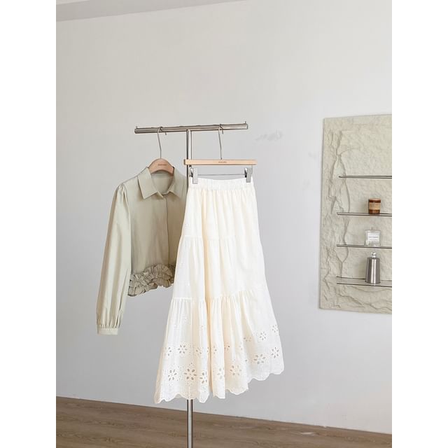 Eyelet Lace A-Line Skirt with High Waist