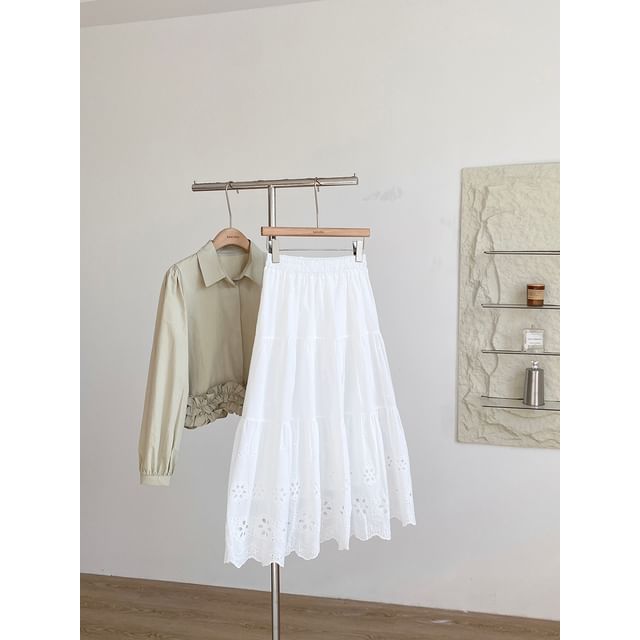 Eyelet Lace A-Line Skirt with High Waist