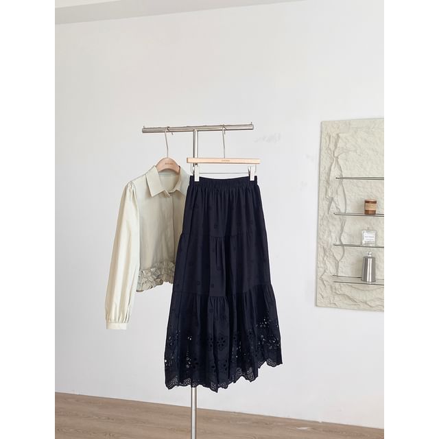 Eyelet Lace A-Line Skirt with High Waist