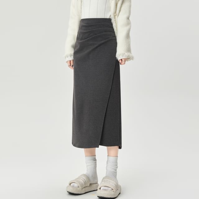 Shirred Slit Midi A-Line Skirt High Waist Solid