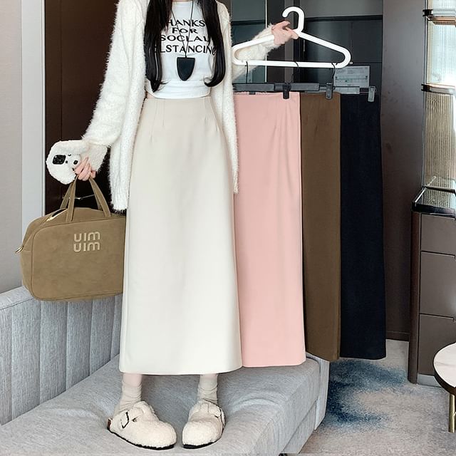 Back Slit Midi A-Line Skirt with High Waist Plain