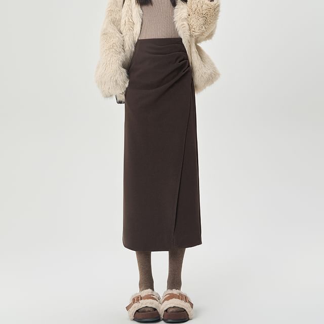 Shirred Slit Midi A-Line Skirt High Waist Solid