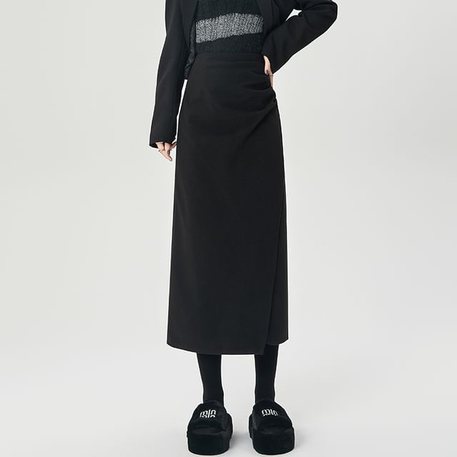 Shirred Slit Midi A-Line Skirt High Waist Solid