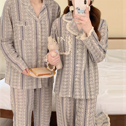 Couple Matching Long-Sleeve Patterned Print Pajama Set