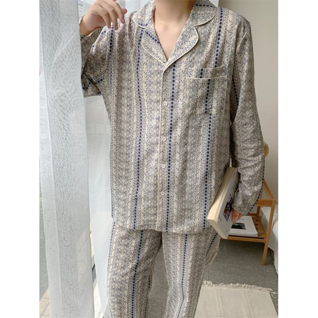 Couple Matching Long-Sleeve Patterned Print Pajama Set