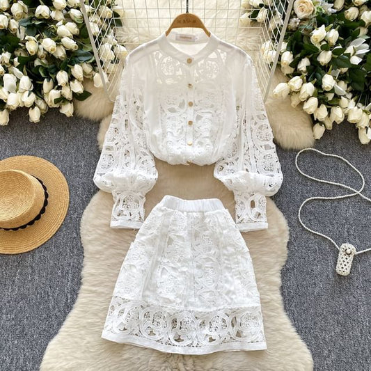Coordinated Set: Lace Blouse with Puff Sleeves, Camisole, and High-Waisted Mini Skirt