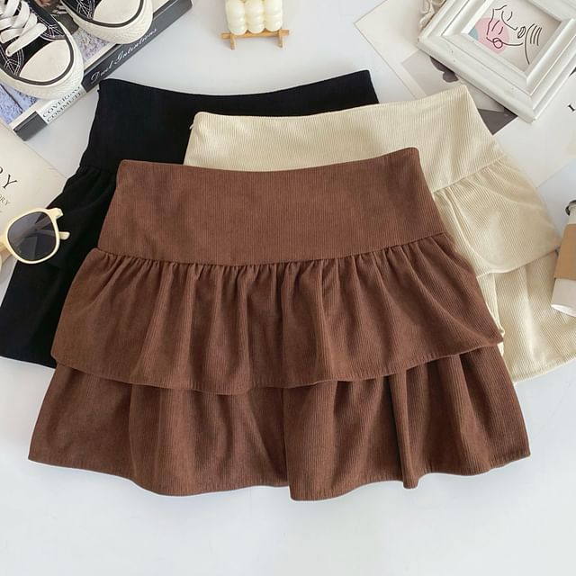 Corduroy A-Line Mini Skirt with Layered High Waist