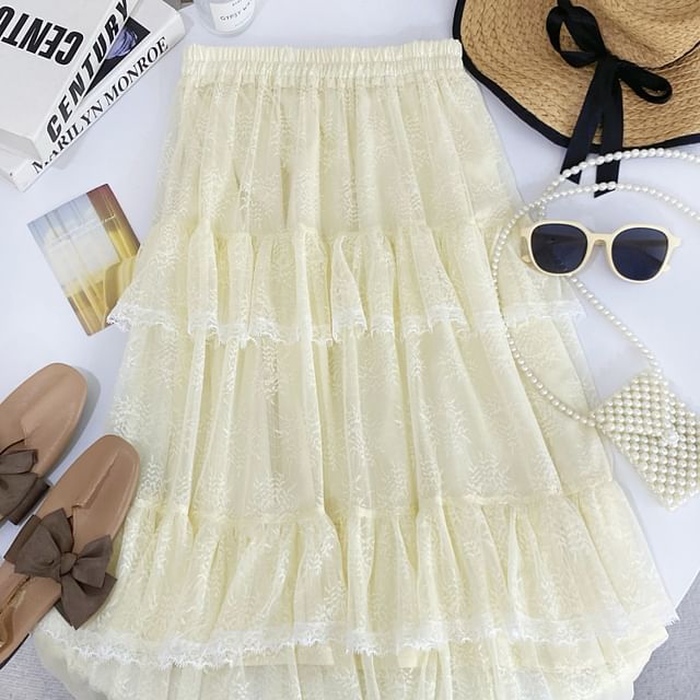 Tiered Lace Maxi Skirt with Ruffled Hem and Stretch Waistband