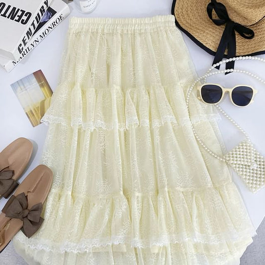 Tiered Lace Maxi Skirt with Ruffled Hem and Stretch Waistband