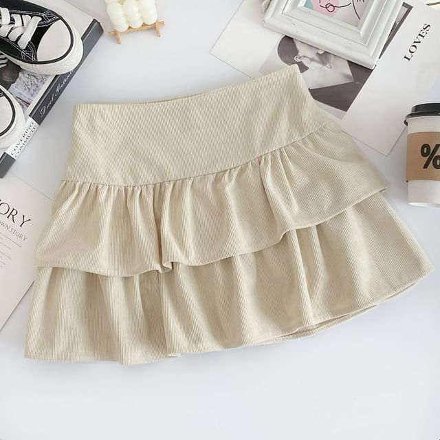 Corduroy A-Line Mini Skirt with Layered High Waist
