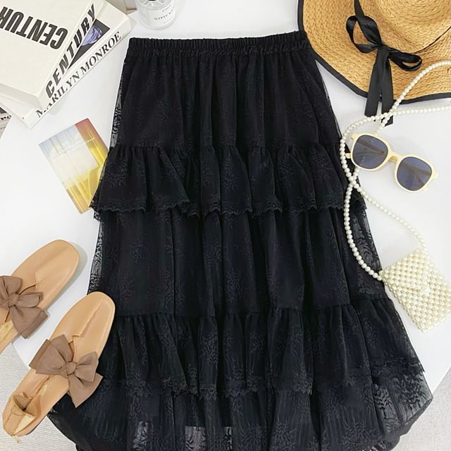 Tiered Lace Maxi Skirt with Ruffled Hem and Stretch Waistband
