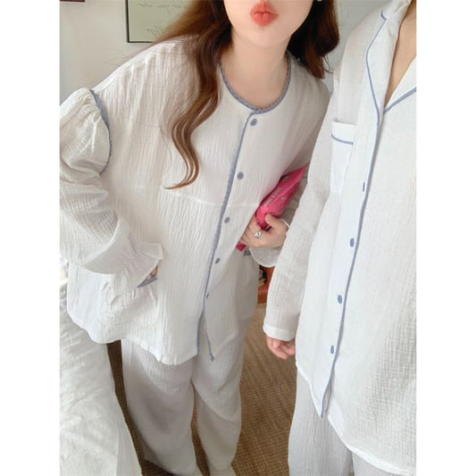 Couple Matching Long Sleeve Contrast Trim Button Pajama Top / Straight Leg Pants / Pajama Dress / Set (Various Designs)