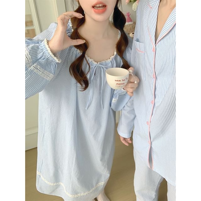 Couple Matching Long Sleeve Scoop Neck Striped Tie-Up Pajama Dress / Collared Shirt / Straight Leg Pants / Set (Various Designs)