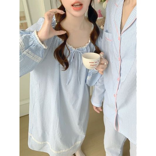 Couple Matching Long Sleeve Scoop Neck Striped Tie-Up Pajama Dress / Collared Shirt / Straight Leg Pants / Set (Various Designs)
