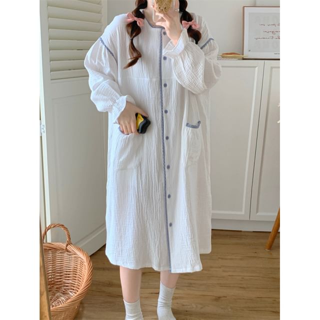 Couple Matching Long Sleeve Contrast Trim Button Pajama Top / Straight Leg Pants / Pajama Dress / Set (Various Designs)