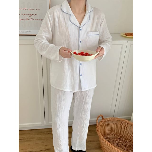 Couple Matching Long Sleeve Contrast Trim Button Pajama Top / Straight Leg Pants / Pajama Dress / Set (Various Designs)