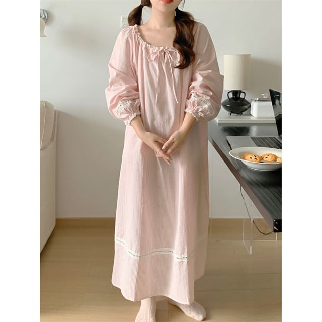 Couple Matching Long Sleeve Scoop Neck Striped Tie-Up Pajama Dress / Collared Shirt / Straight Leg Pants / Set (Various Designs)