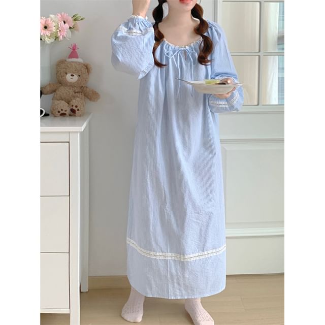 Couple Matching Long Sleeve Scoop Neck Striped Tie-Up Pajama Dress / Collared Shirt / Straight Leg Pants / Set (Various Designs)