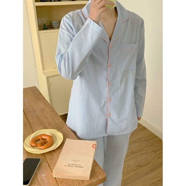 Couple Matching Long Sleeve Scoop Neck Striped Tie-Up Pajama Dress / Collared Shirt / Straight Leg Pants / Set (Various Designs)