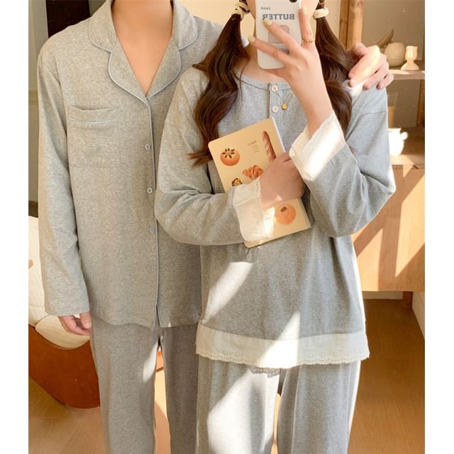 Couple Matching Pajama Set: Long Sleeve Button Top + Straight Leg Pants (Various Designs)