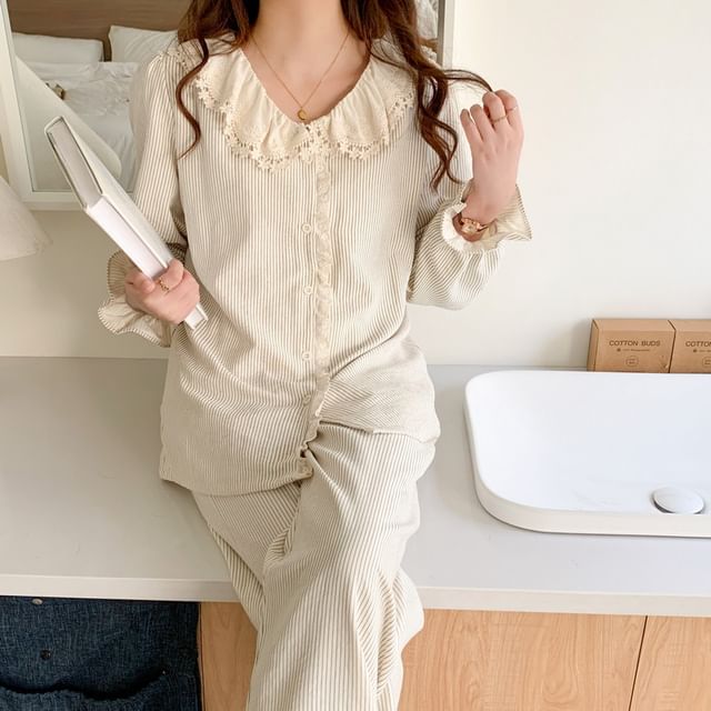 Couple Matching Pajama Set: Long Sleeve Button Top + Straight Leg Pants (Various Designs)